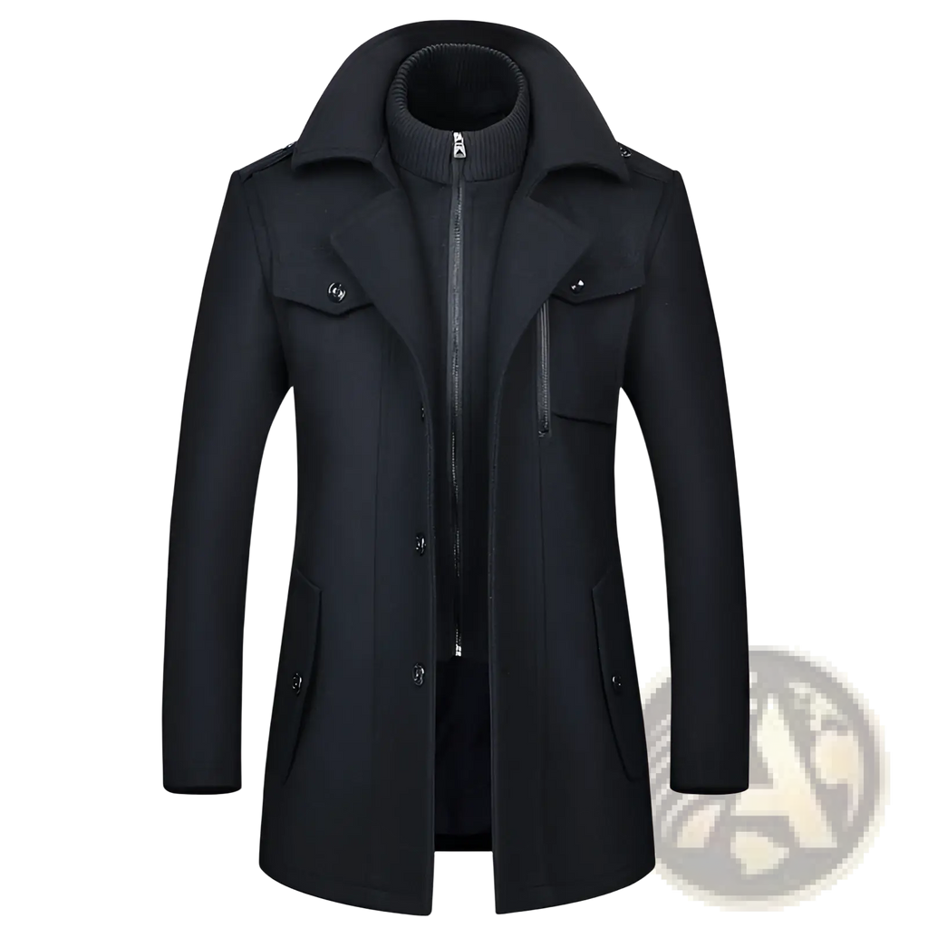 Black woolen trench coat with high collar front zipper and buttoned flap pockets mens wool overcoat winter jacket