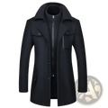 Black woolen trench coat with high collar front zipper and buttoned flap pockets mens wool overcoat winter jacket