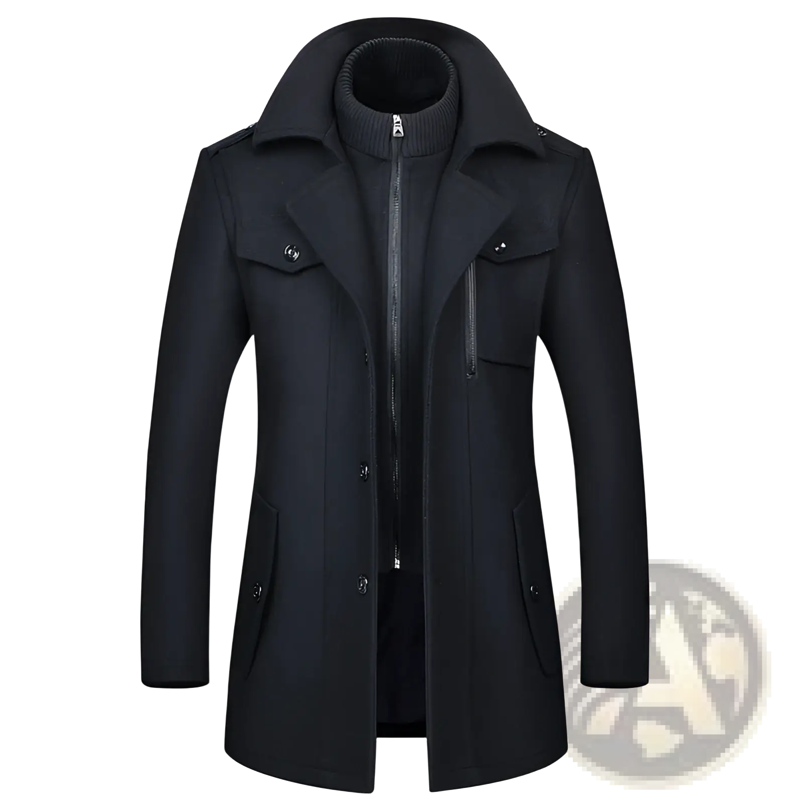 Black woolen trench coat with high collar front zipper and buttoned flap pockets mens wool overcoat winter jacket