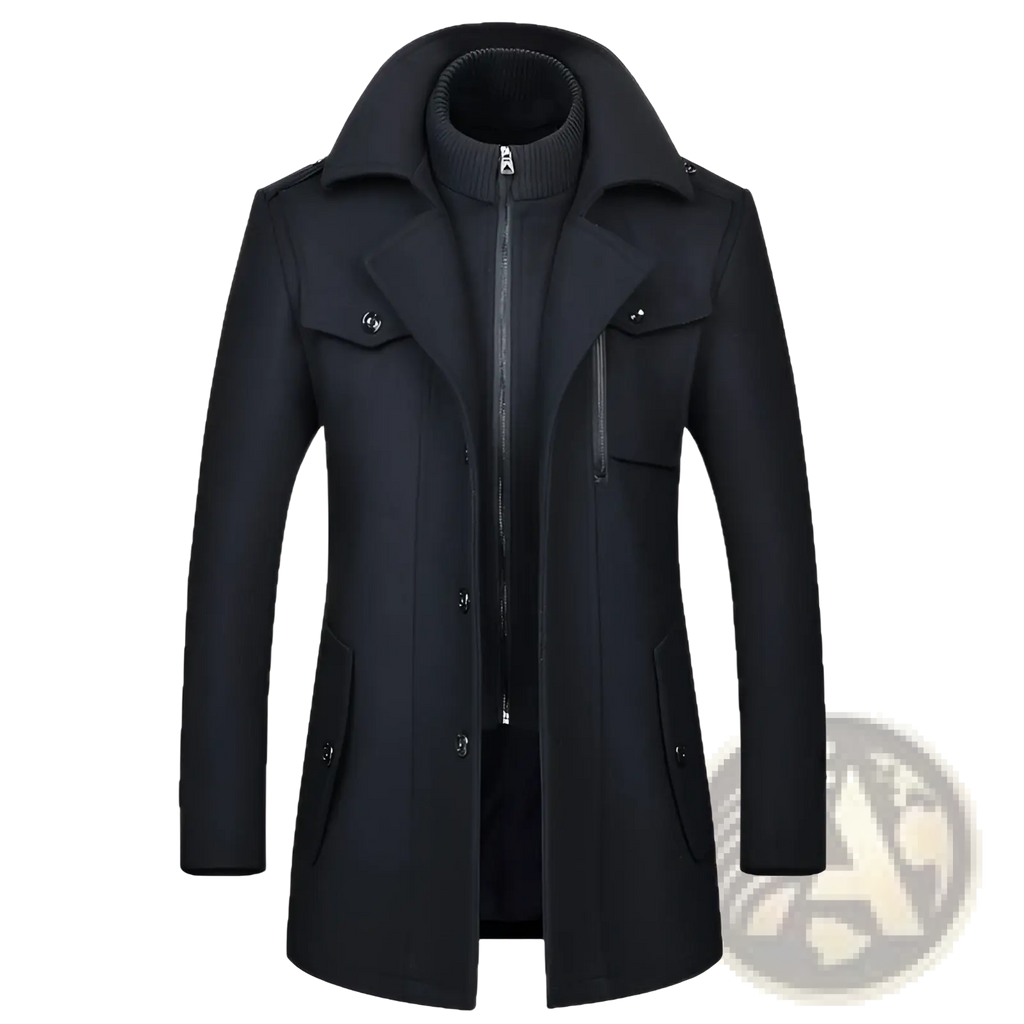 Mens wool overcoat double collar winter jacket in black wool with high collar zipper and buttoned flap pockets