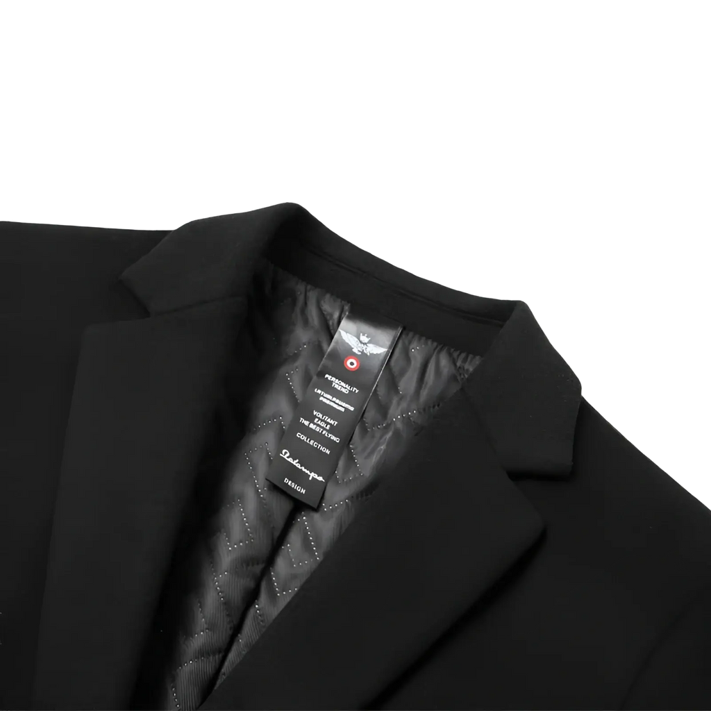 Black woolen mens overcoat with quilted interior lining and branded tag designed as a warm winter jacket