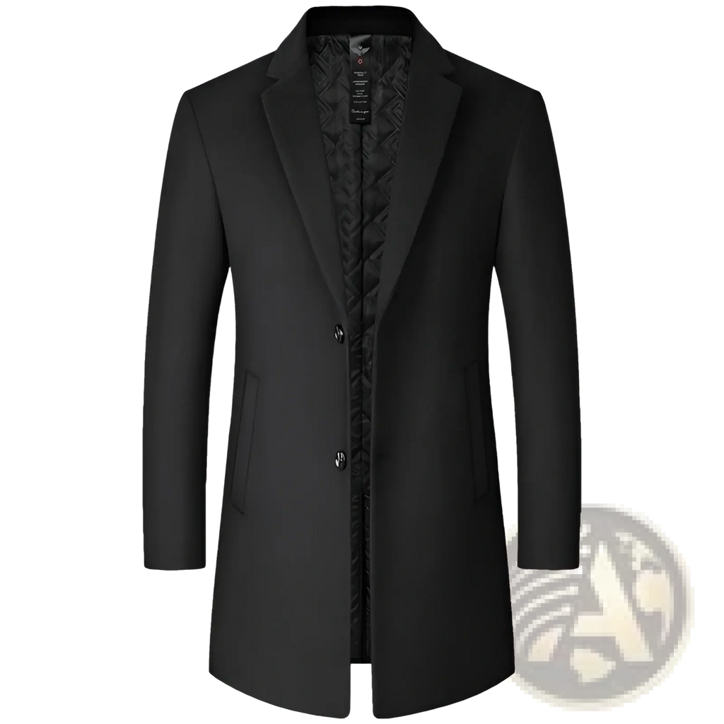 Black wool mens overcoat with subtle textured lining and classic notched lapels warm winter jacket