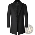 Black wool mens overcoat with subtle textured lining and classic notched lapels warm winter jacket