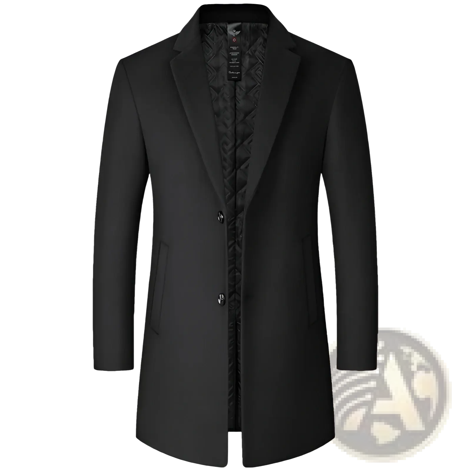 Black wool mens overcoat with subtle textured lining and classic notched lapels warm winter jacket