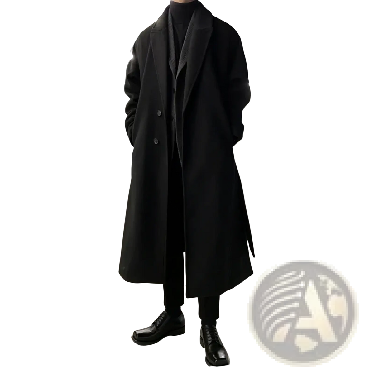 Black woolen mens overcoat with classic double-breasted design and notched lapels for winter streetwear use