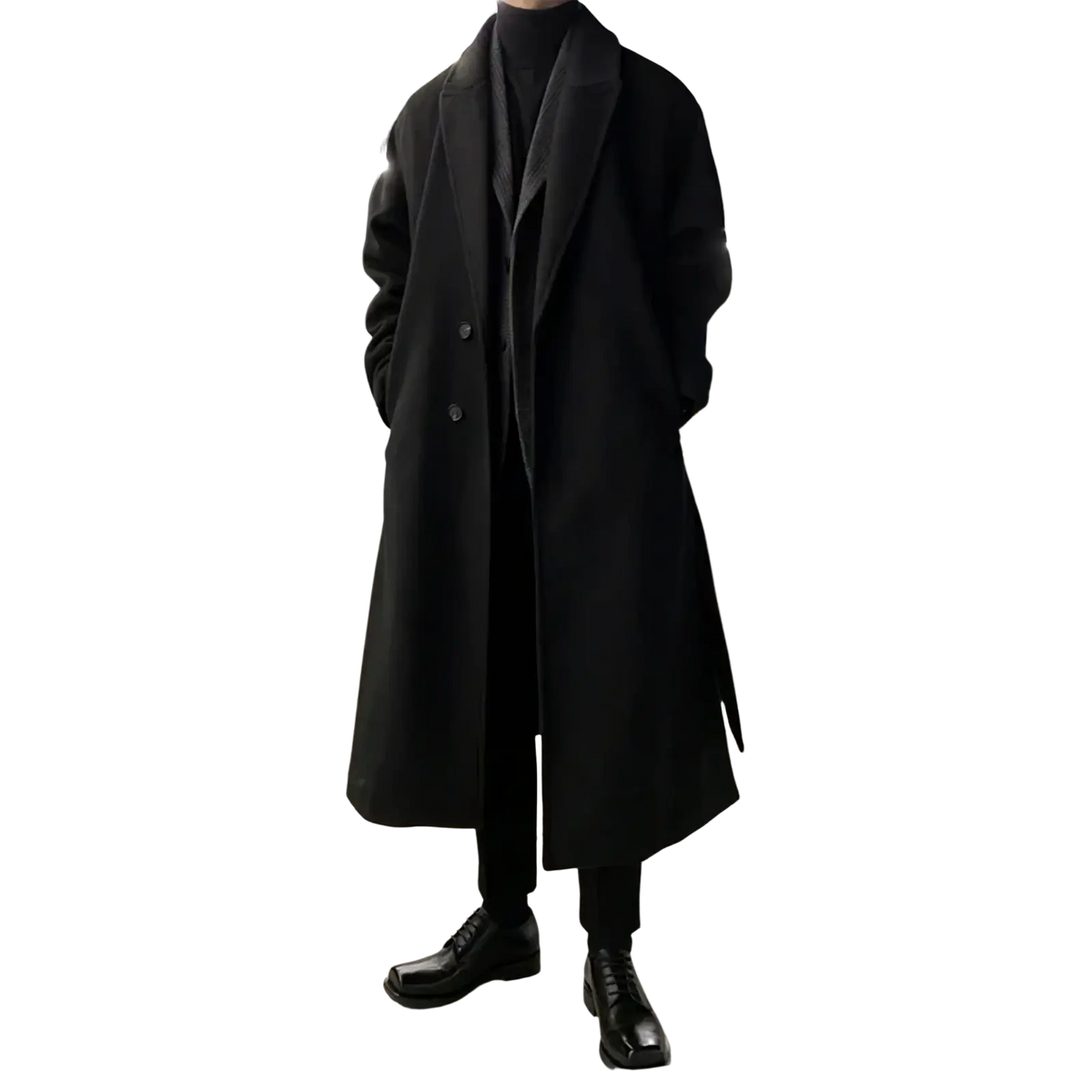 Black woolen mens overcoat with classic double-breasted design and notched lapels for winter streetwear use