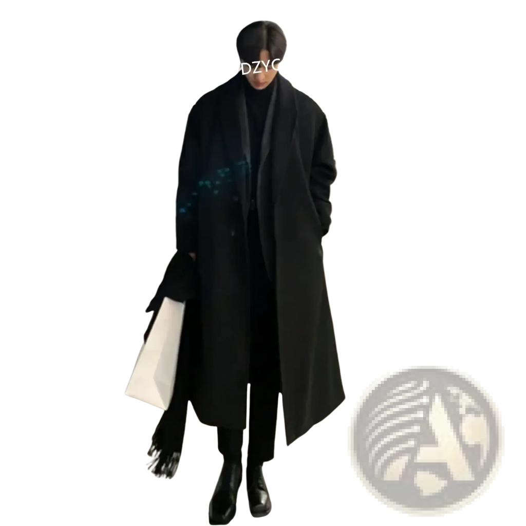 Black woolen mens overcoat with long flowing silhouette and wide lapels ideal for winter streetwear jacket