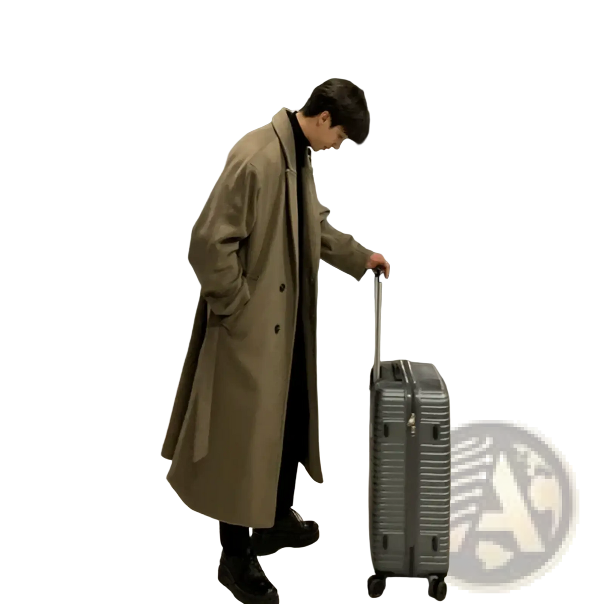 Gray ribbed hard-shell suitcase with retractable handle and wheels for mens wool overcoat winter streetwear jacket travel