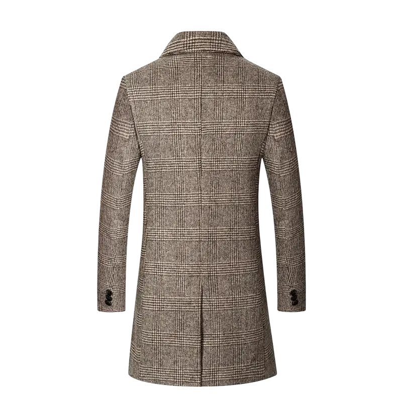 Men’s wool plaid overcoat in brown and beige with notched collar and buttoned cuffs for winter wear