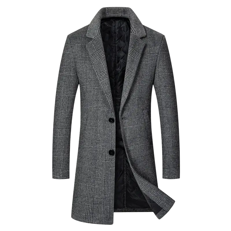 Men’s gray plaid wool overcoat with black buttons and quilted interior lining for slim fit winter wear