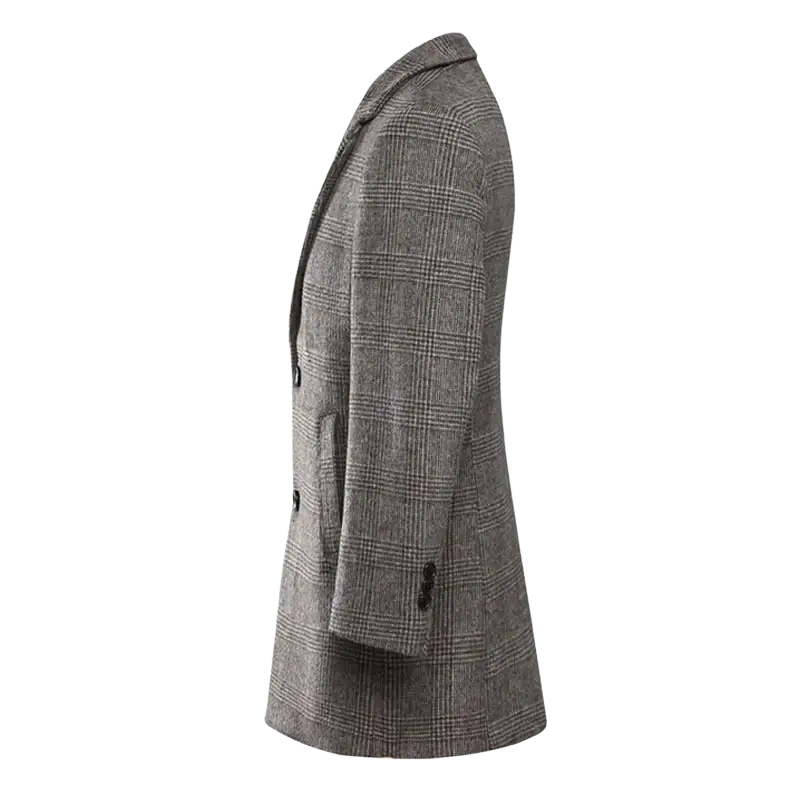 A tailored gray plaid wool overcoat with double-breasted design and notched lapel for men slim fit winter jacket