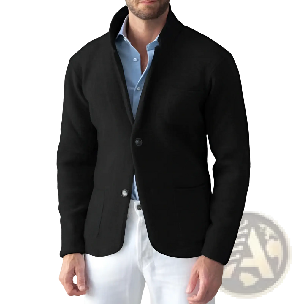 Black textured wool blazer with notched collar and two front buttons for mens slim blazer jacket