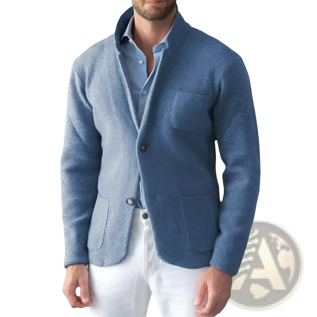 Mens wool stand collar slim blazer jacket in blue textured wool with single button closure and two front pockets