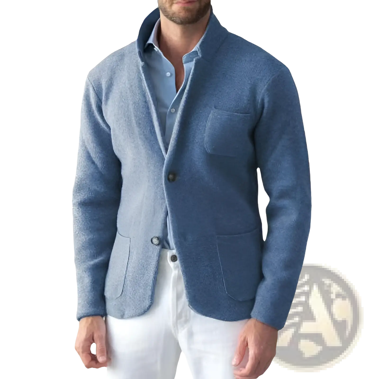Mens wool stand collar slim blazer jacket in blue textured wool with single button closure and two front pockets