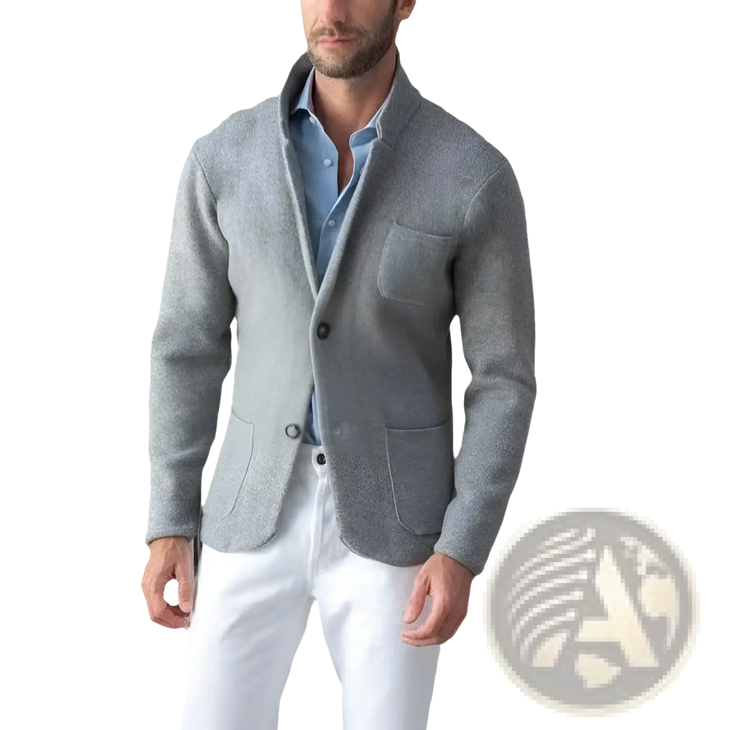 Mens wool stand collar slim blazer jacket in gray textured wool with black buttons and two front pockets