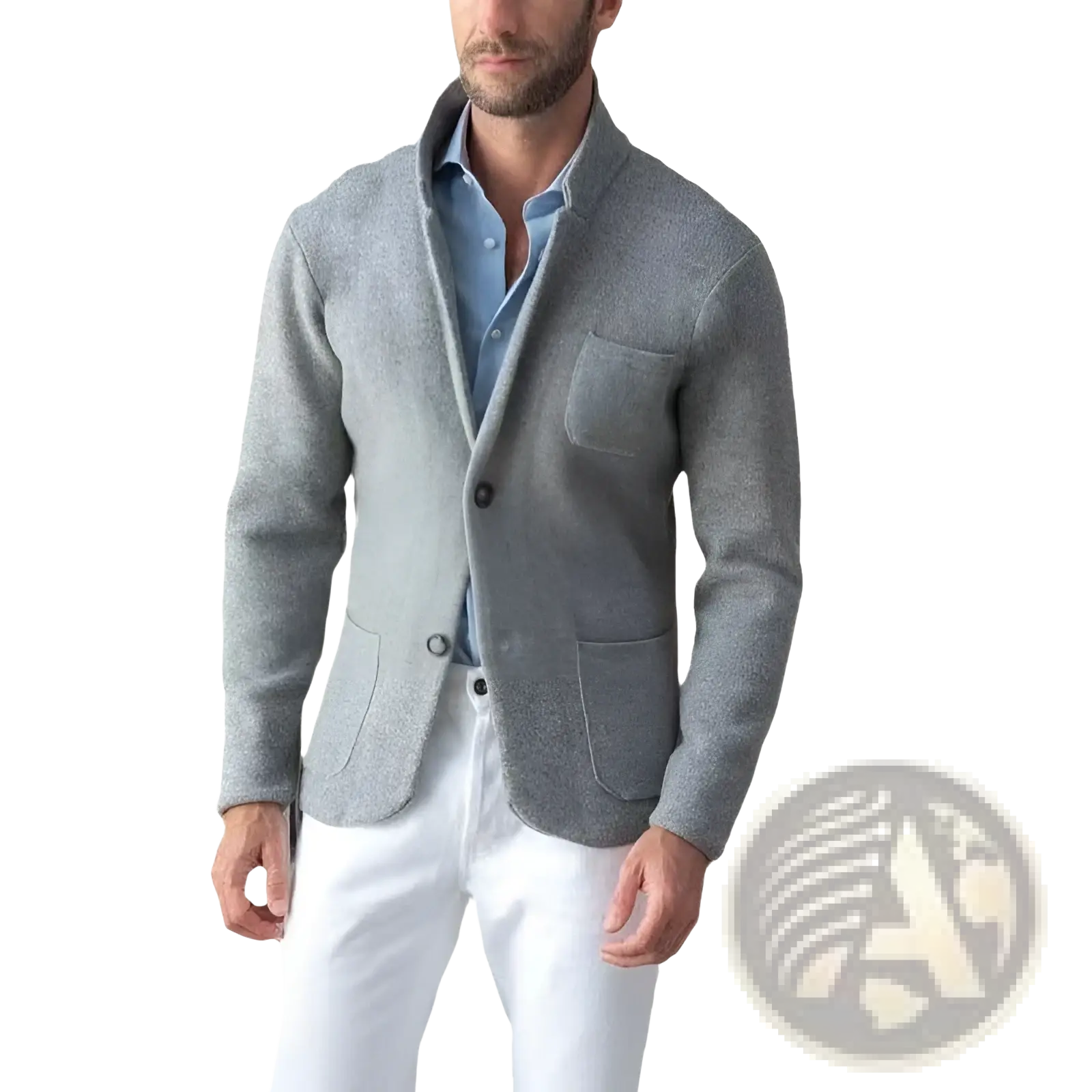 Mens wool stand collar slim blazer jacket in gray textured wool with black buttons and two front pockets