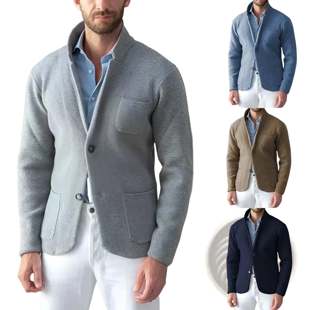Gray textured wool men’s slim blazer jacket with stand-up collar and two front pockets