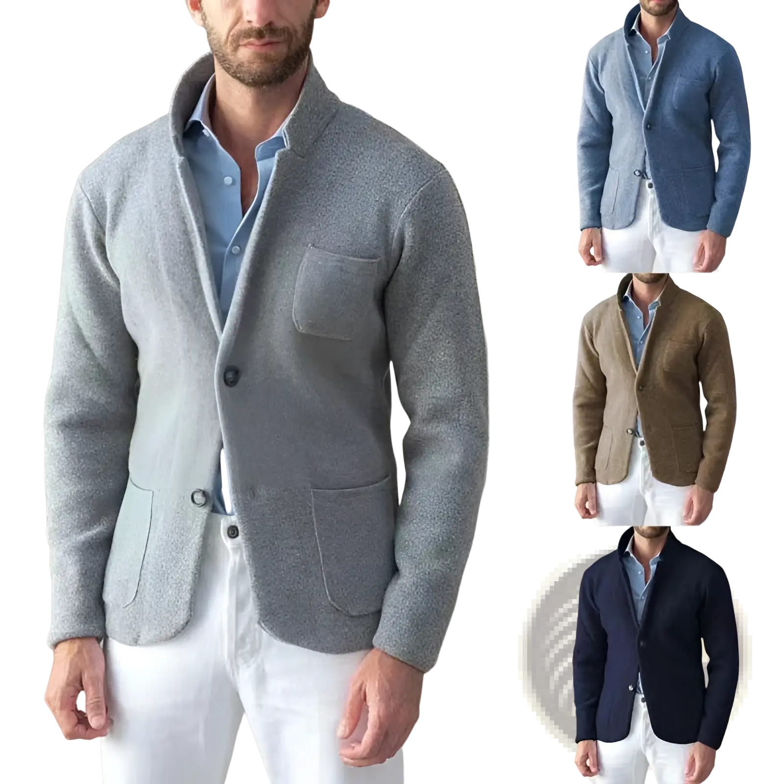 Gray textured wool men’s slim blazer jacket with stand-up collar and two front pockets