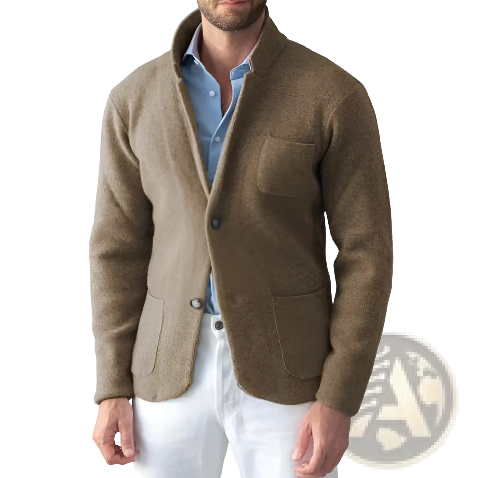 Mens wool stand collar slim blazer jacket in textured olive green wool with classic collar and two front pockets