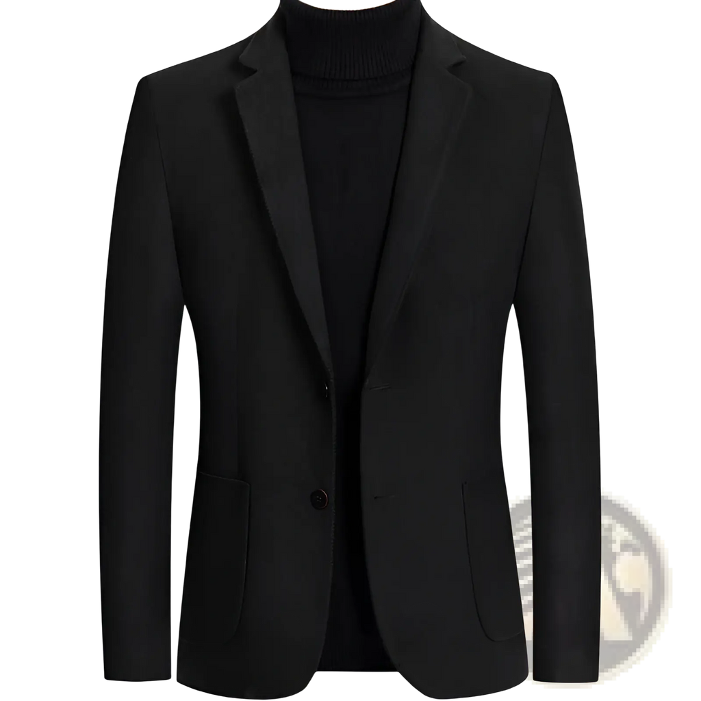 Men’s black wool-blend slim fit blazer with notched lapels and two front buttons for winter wear