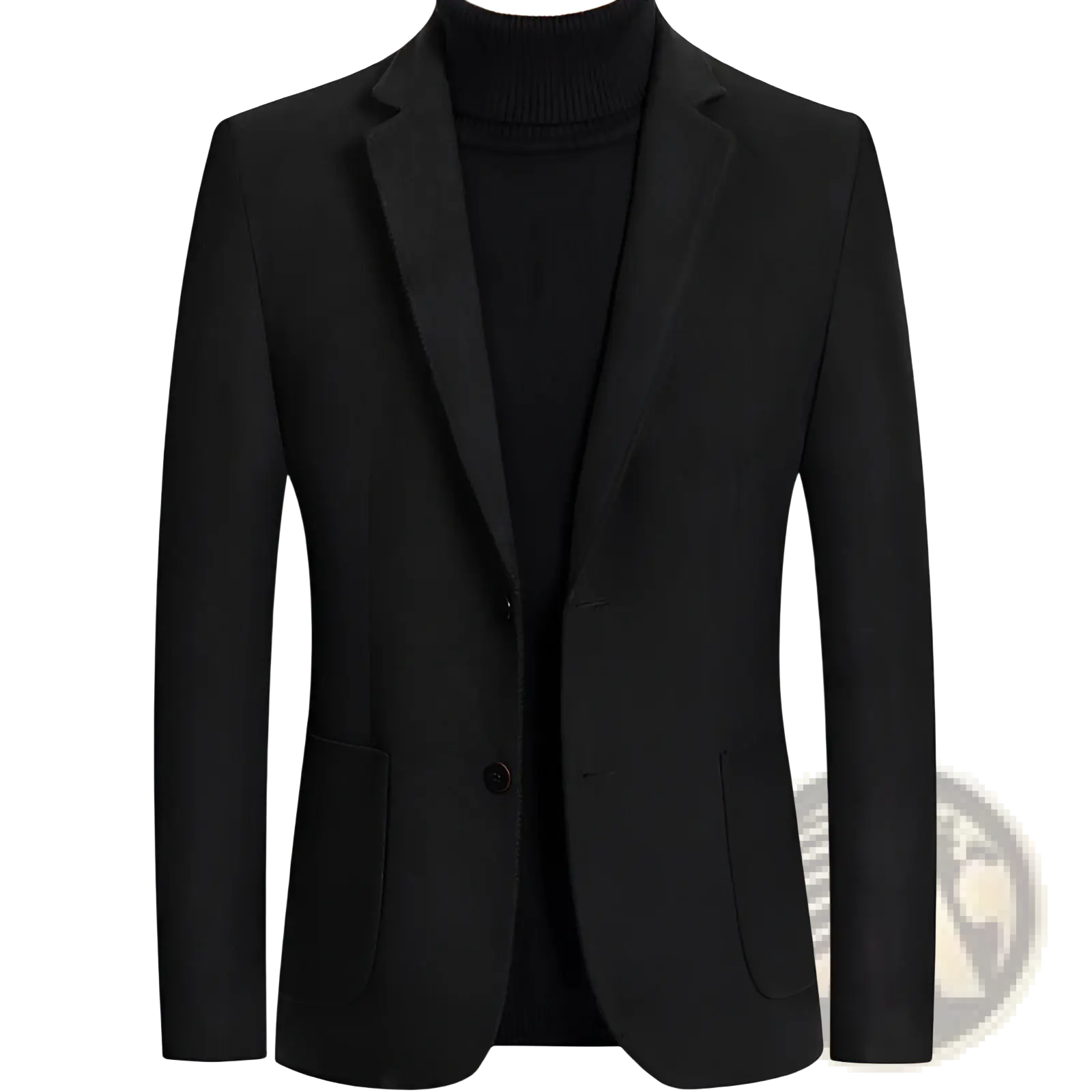 Men’s black wool-blend slim fit blazer with notched lapels and two front buttons for winter wear