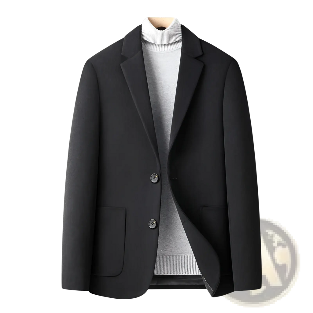 Men’s black wool suit blazer with slim fit notched lapels and two front buttons perfect for winter jacket