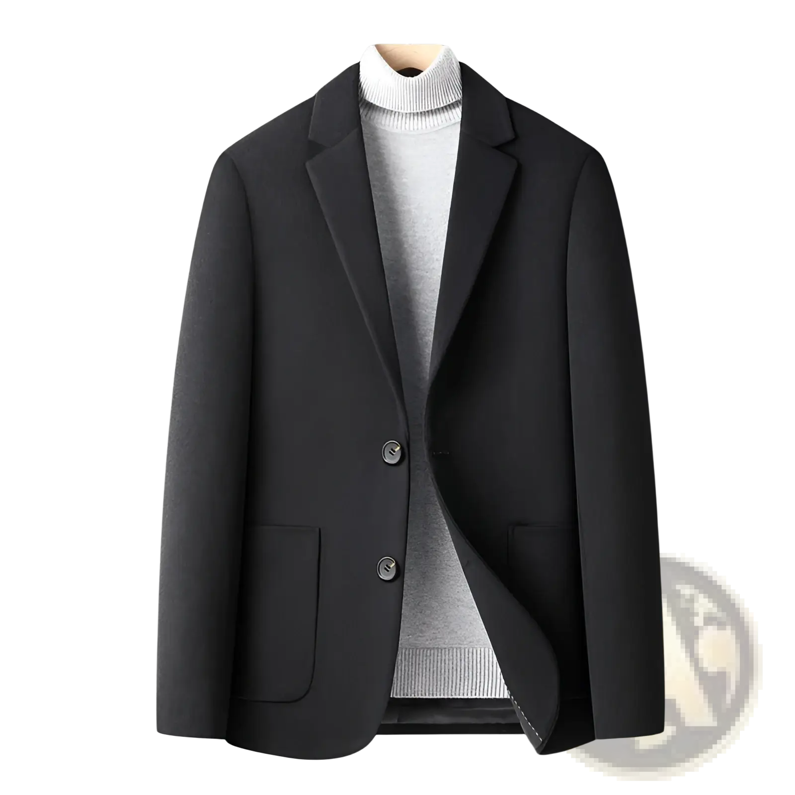 Men’s black wool suit blazer with slim fit notched lapels and two front buttons perfect for winter jacket