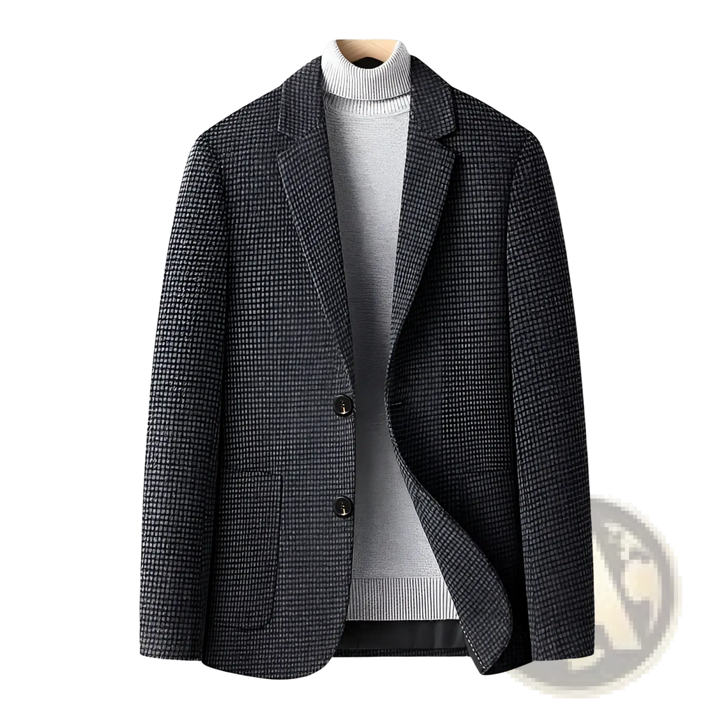 Men’s slim fit winter wool suit blazer in dark gray herringbone pattern with black buttons and notched lapel