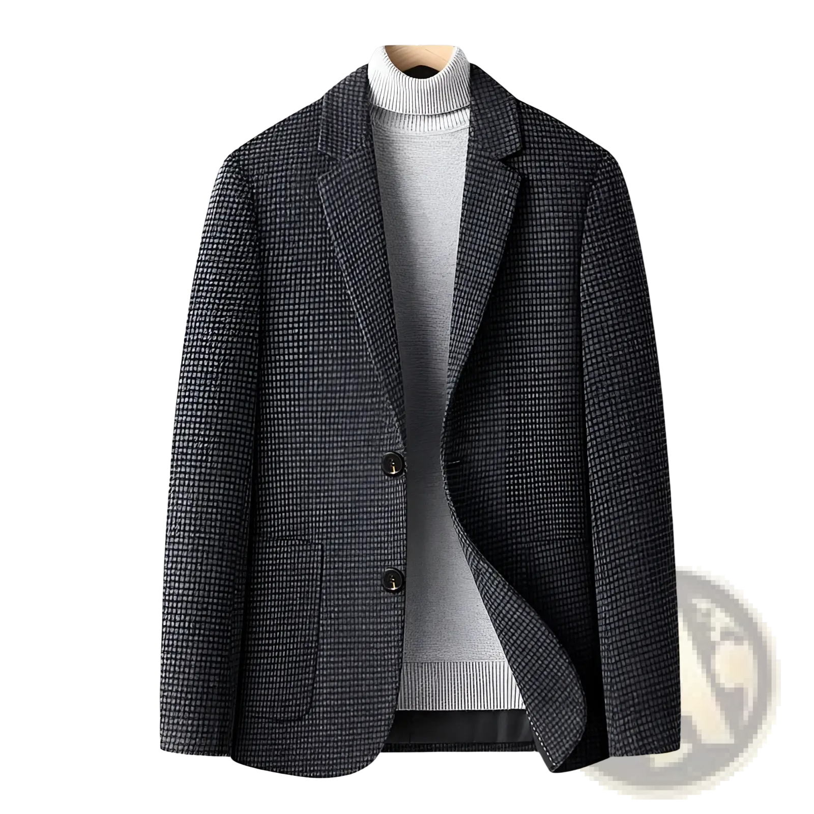 Men’s slim fit winter wool suit blazer in dark gray herringbone pattern with black buttons and notched lapel