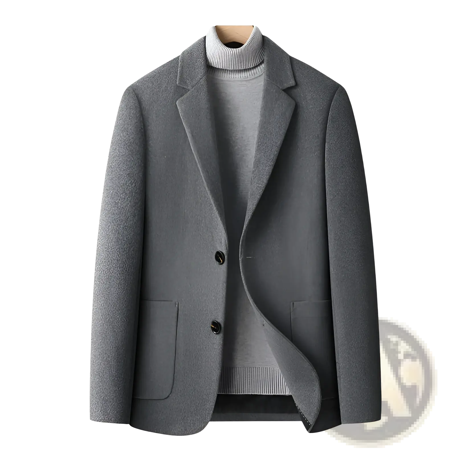 Men’s slim fit gray wool suit blazer with classic double-breasted design and black buttons for winter wear