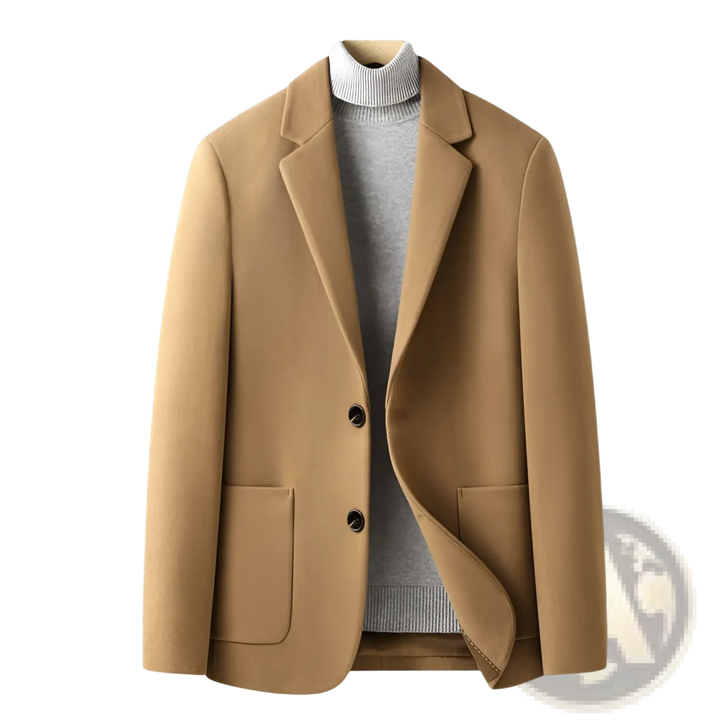 Tan wool blazer with black buttons and classic notched lapel for men slim fit winter jacket