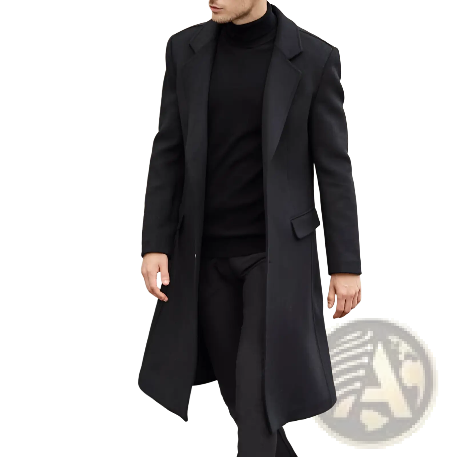Men’s black wool trench coat with classic double breasted design notched lapels and flap pockets overcoat