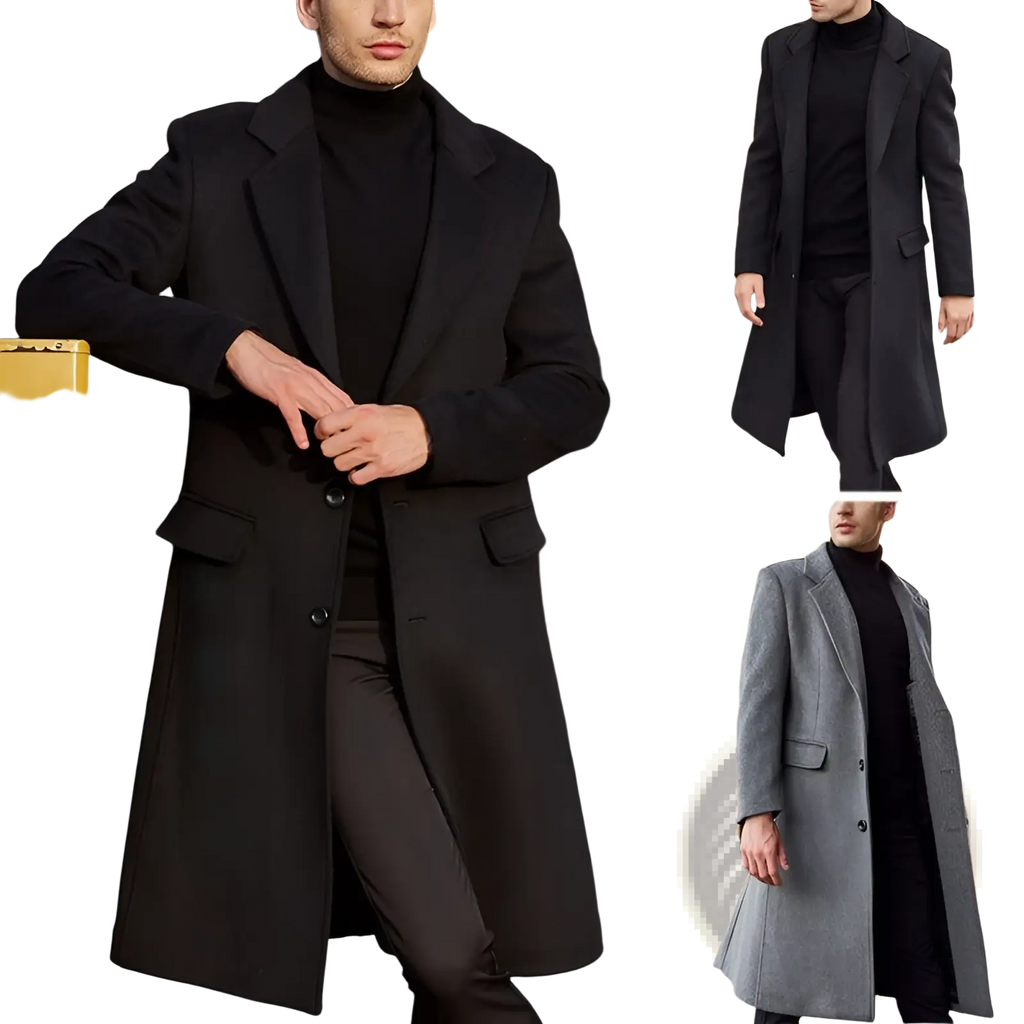Men’s black and gray wool trench coat with notched lapels single-breasted front button closure overcoat