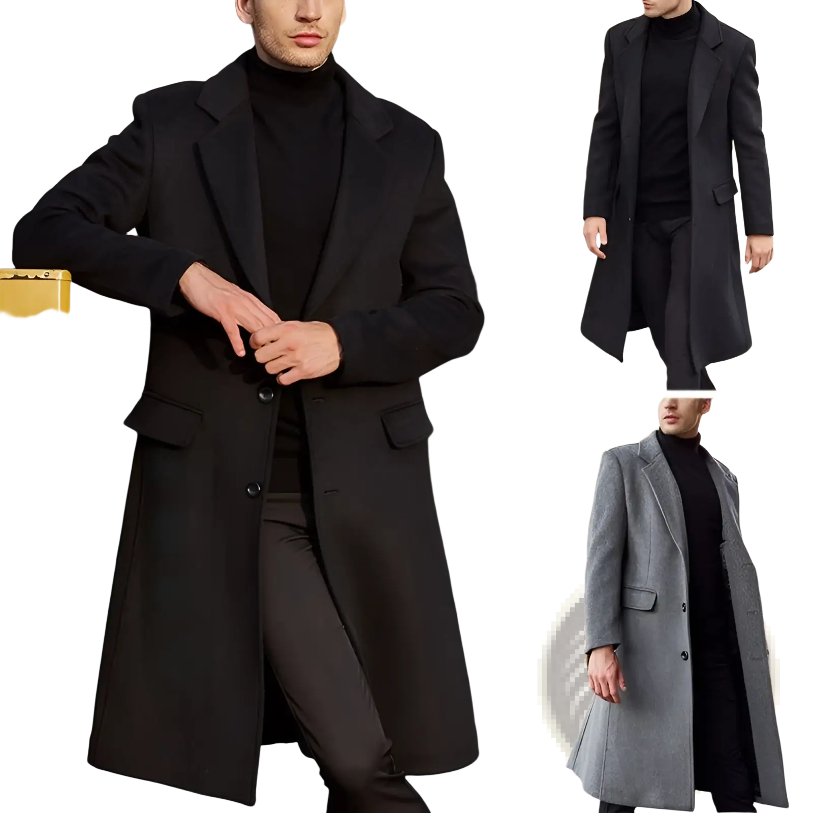 Men’s black and gray wool trench coat with notched lapels single-breasted front button closure overcoat