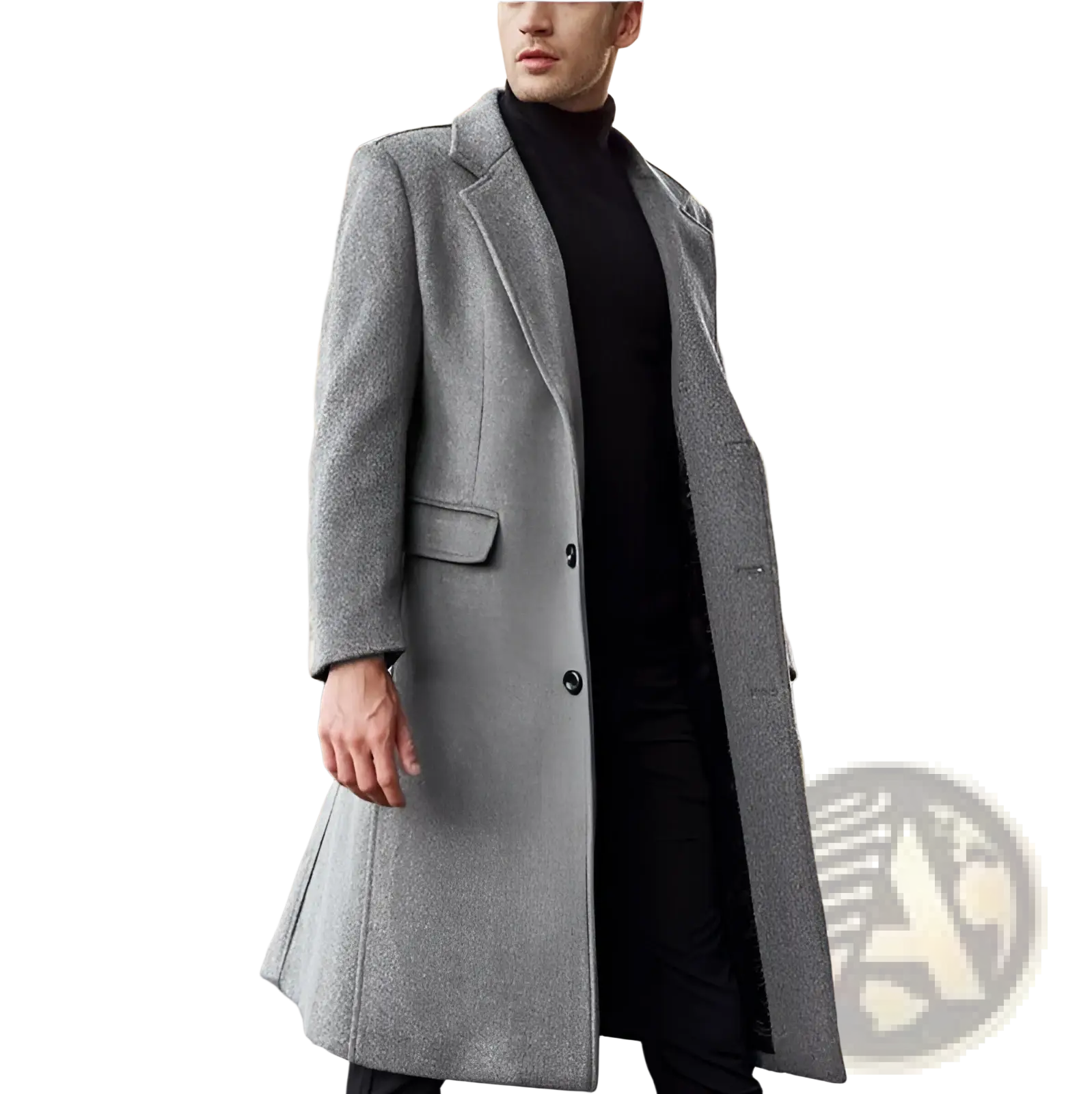 Men’s wool trench coat medium gray double breasted overcoat with notched lapels and classic design