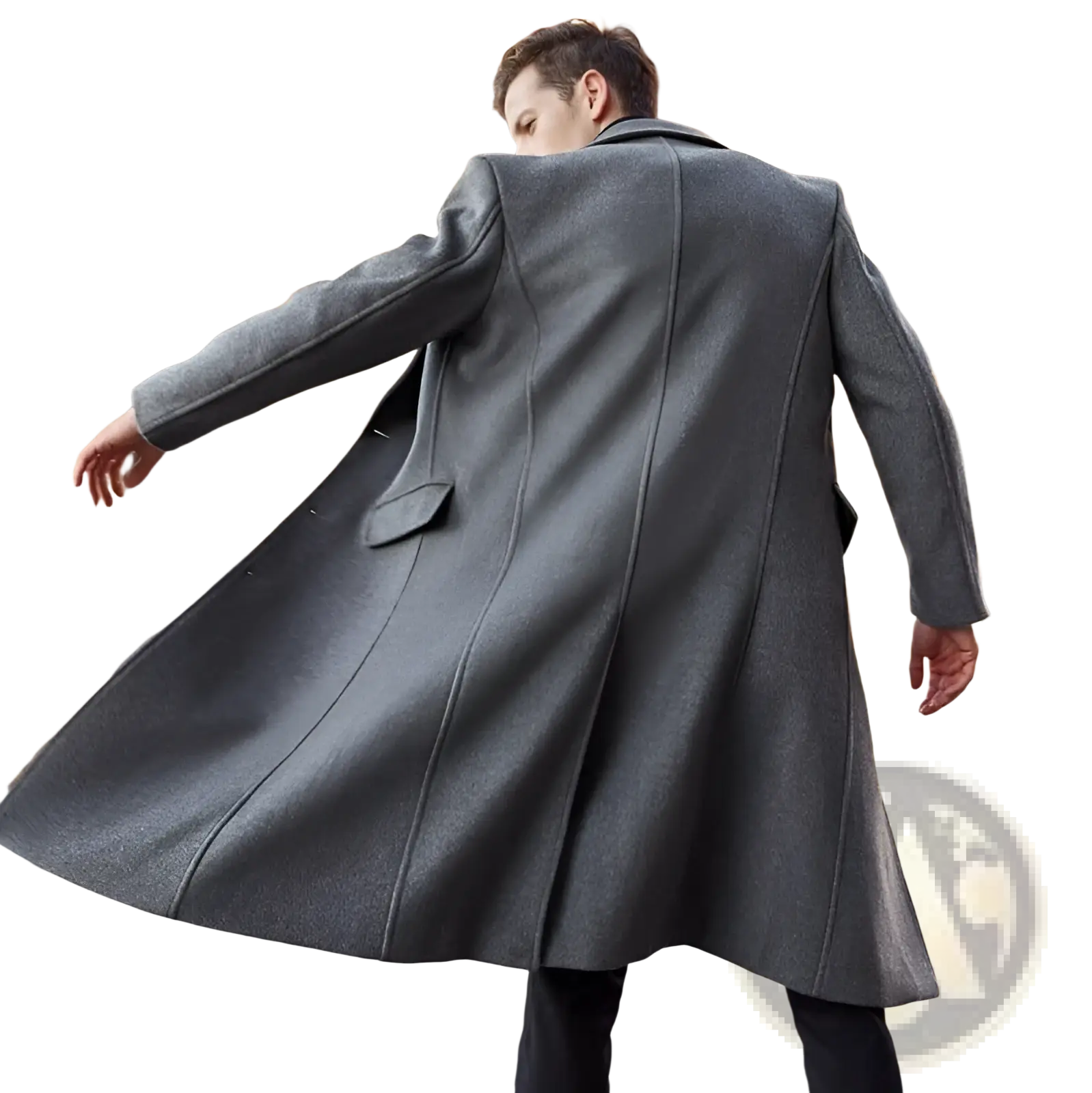 Men’s charcoal-gray wool trench coat with classic double-breasted design and notched lapels overcoat