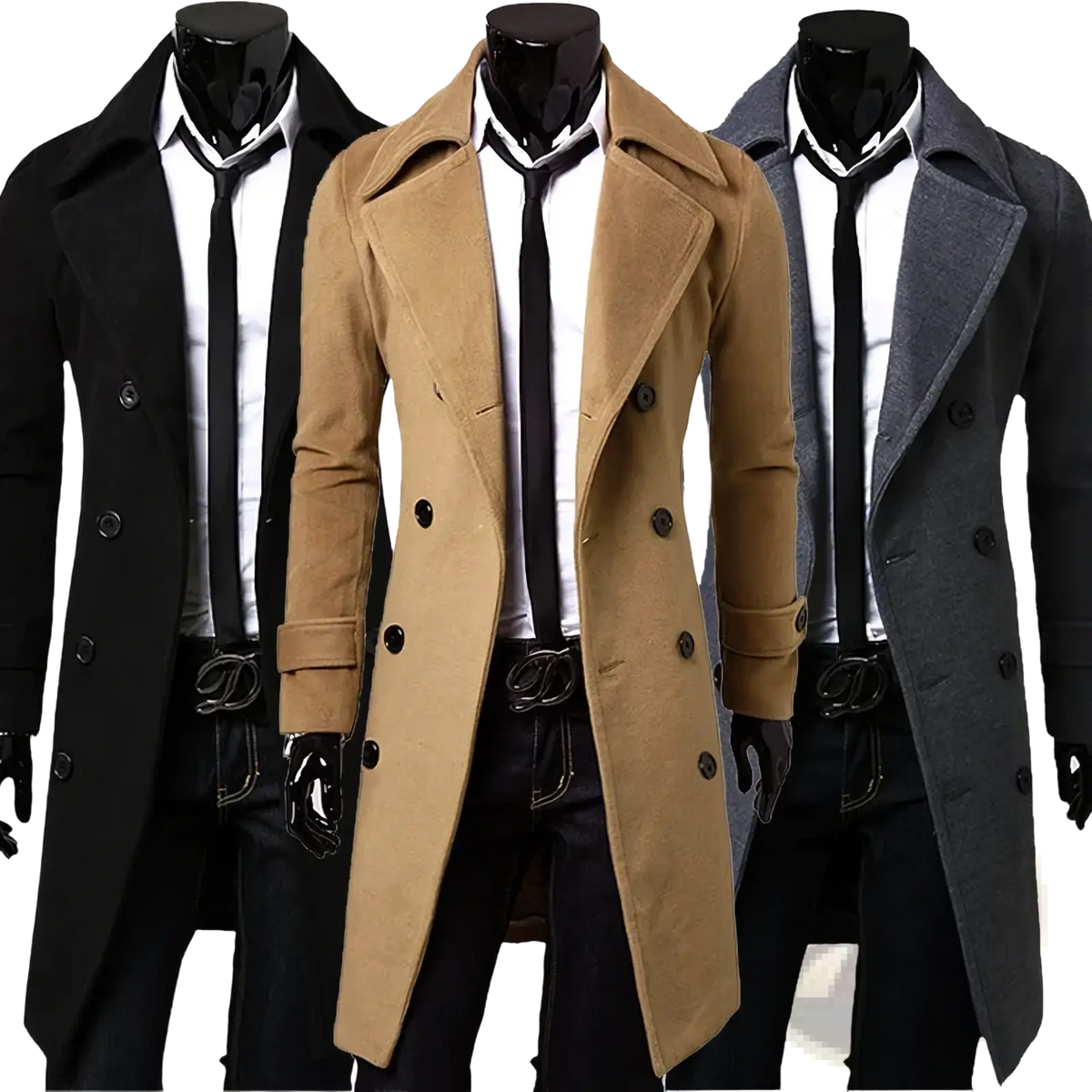 Beige woolen mens trench coat slim fit winter outerwear double-breasted with black buttons and notched lapels