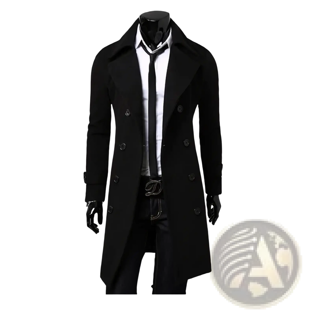 Black mens wool double-breasted overcoat with notched collar and dark buttons slim fit winter outerwear