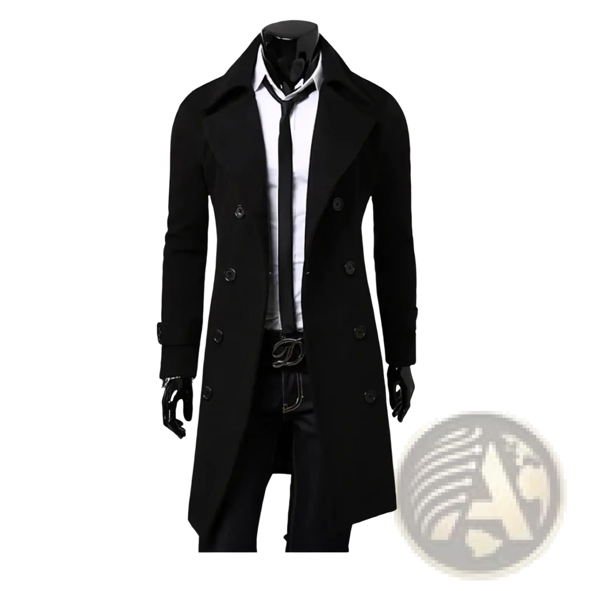 Black mens wool double-breasted overcoat with notched collar and dark buttons slim fit winter outerwear