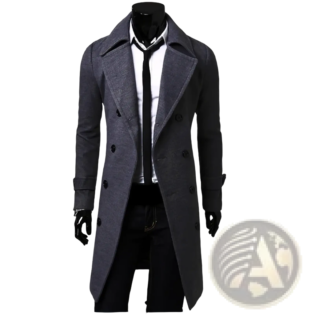 Dark gray slim fit mens wool trench coat with double-breasted design, notched lapels, and black buttons for winter