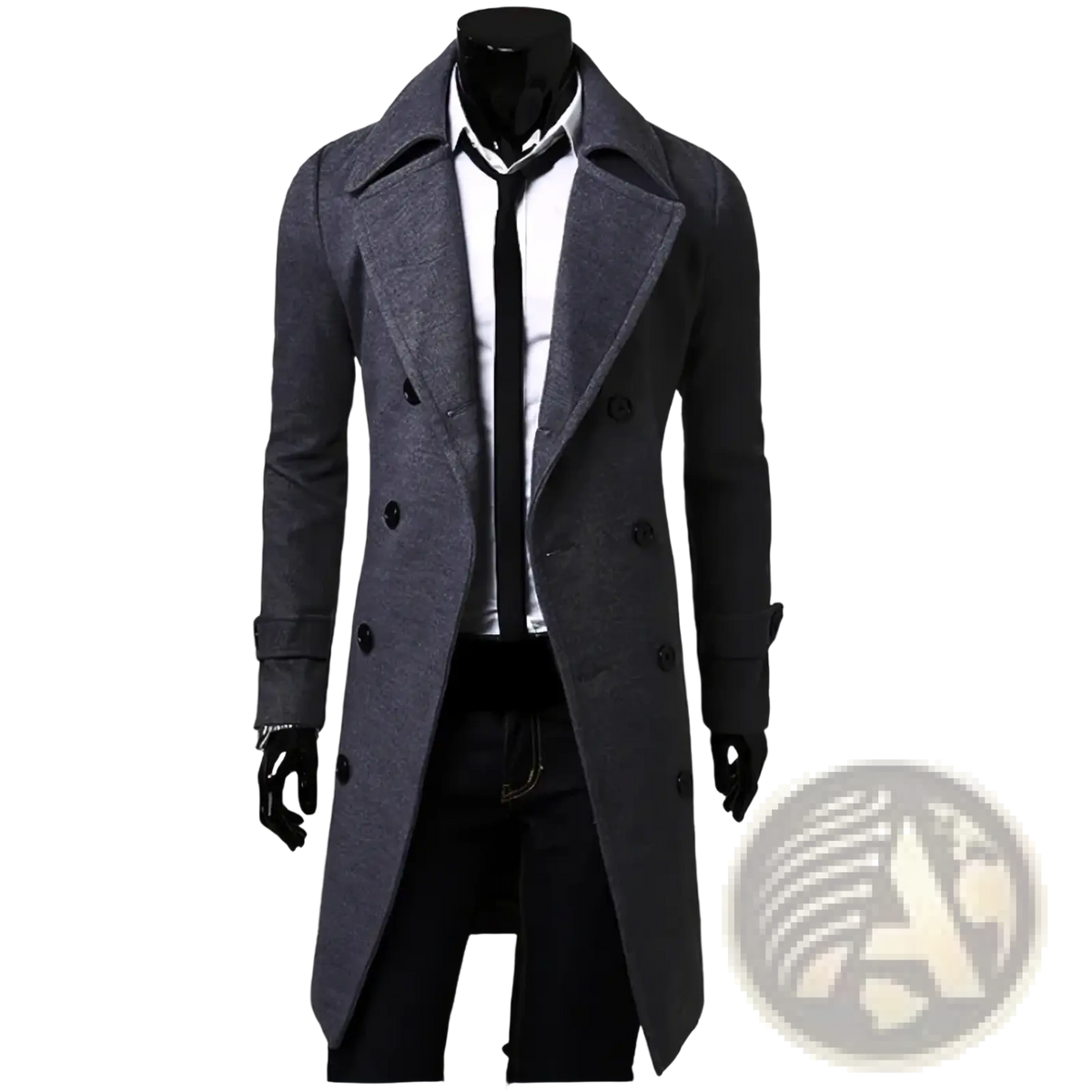 Dark gray slim fit mens wool trench coat with double-breasted design, notched lapels, and black buttons for winter