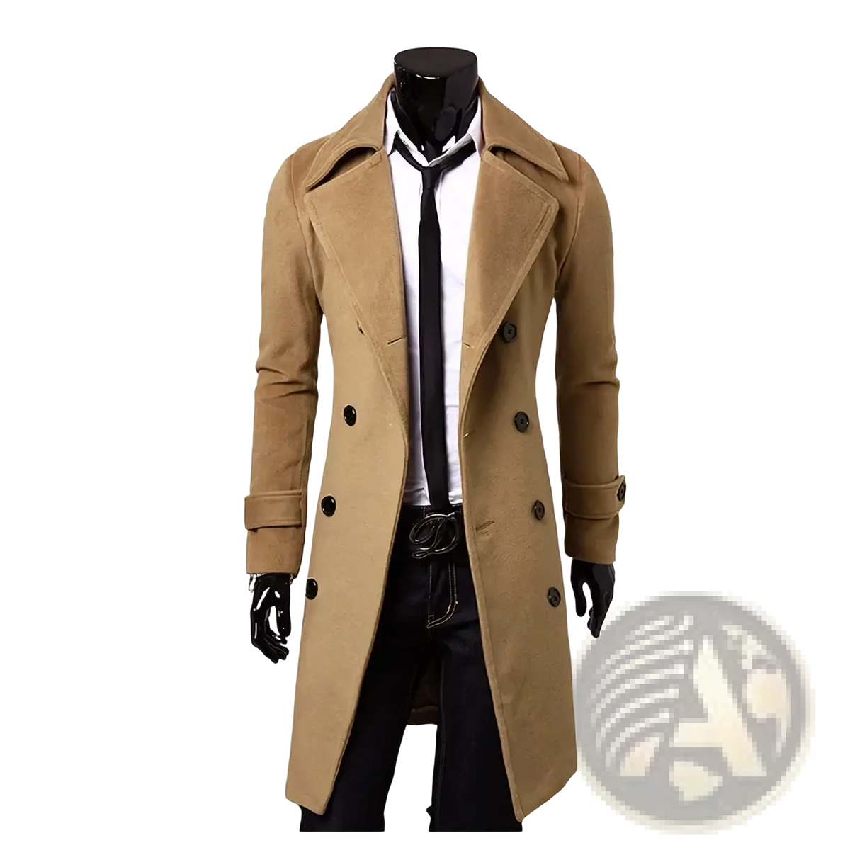 Mens wool trench coat slim fit tan woolen double-breasted overcoat with black buttons and notched lapels for winter outerwear