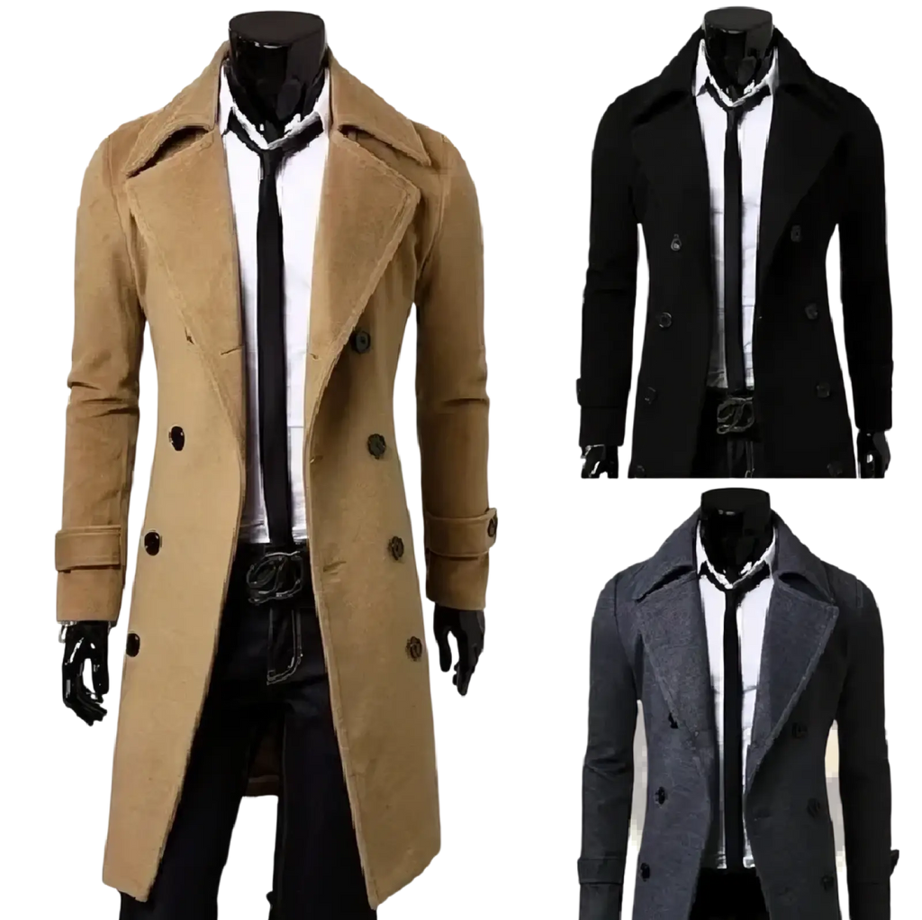 Tan woolen slim fit mens double-breasted trench coat with black buttons and notched collar for winter outerwear