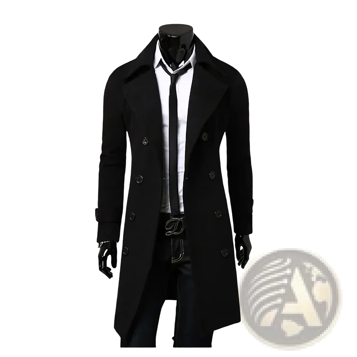 Black wool slim fit mens trench coat with double-breasted buttons and notched collar for winter wear