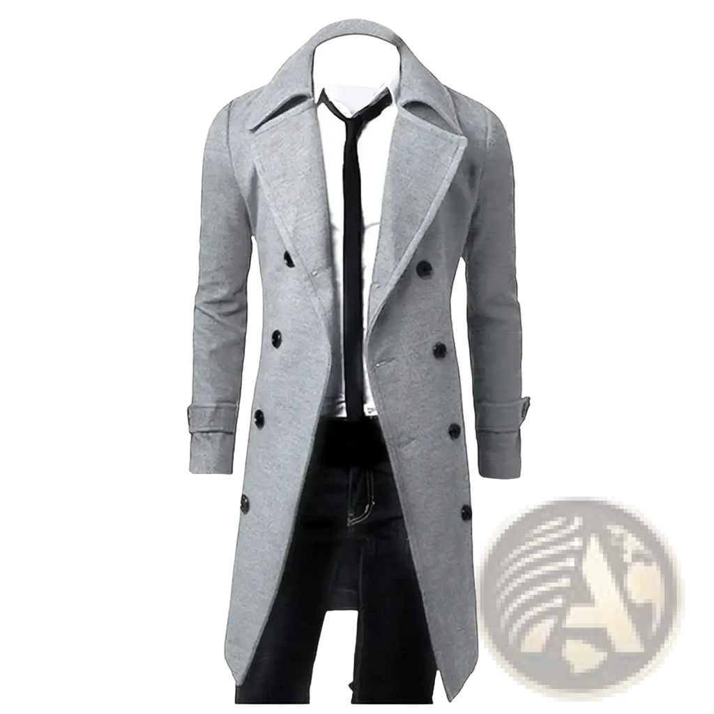 Mens wool trench coat slim fit winter overcoat gray double-breasted with black buttons and notched collar
