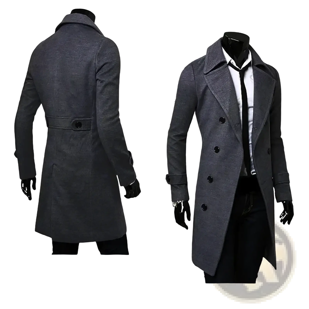 Mens wool trench coat slim fit winter overcoat in sleek dark gray wool with double-breasted front and notched collar