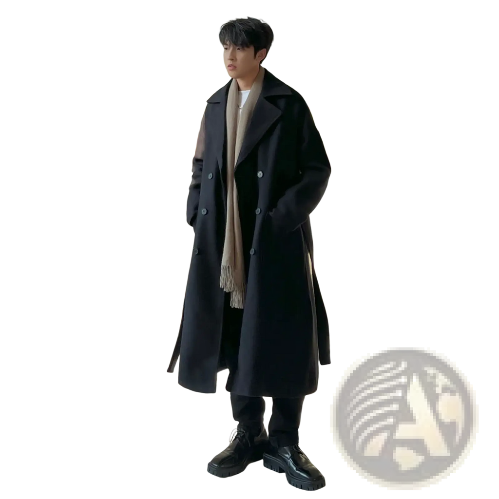 Mens black wool trench coat thick winter overcoat with double-breasted buttons and notched collar