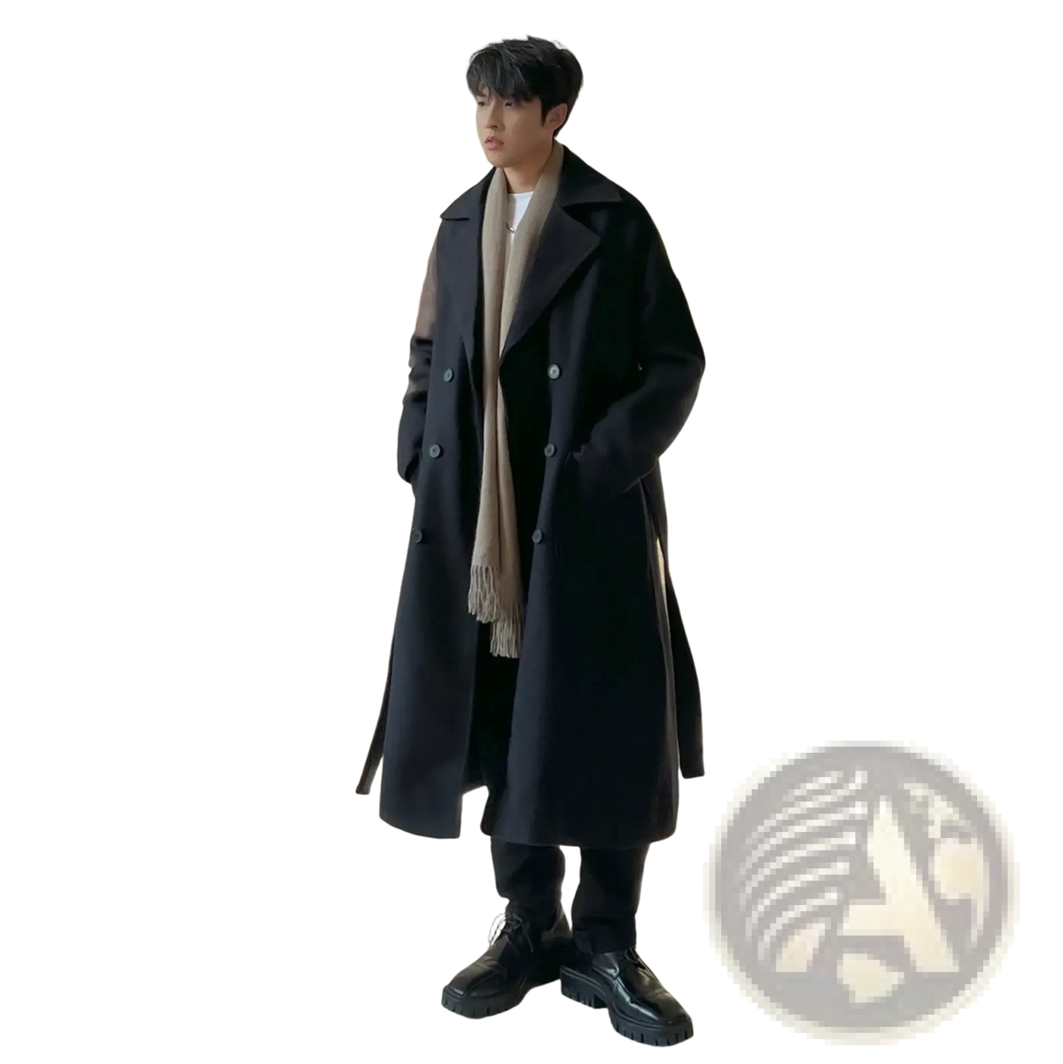 Mens black wool trench coat thick winter overcoat with double-breasted buttons and notched collar