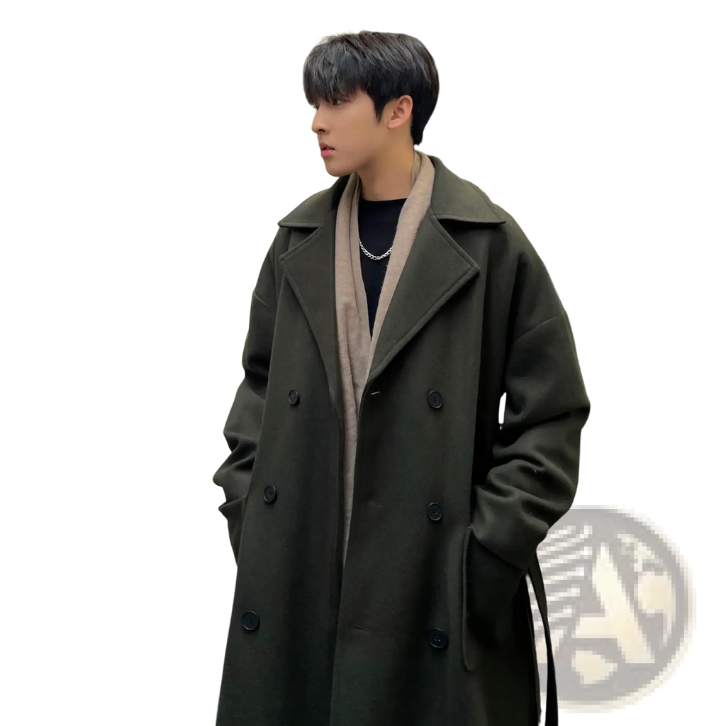 Mens wool trench coat thick winter overcoat in olive green with double-breasted black buttons and notched collar