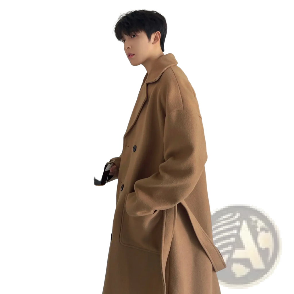 A tan wool trench coat mens overcoat with a classic double-breasted design and notched lapels for winter use